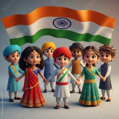 Cartoon children, diversely dressed in traditional Indian attire, stand hand-in-hand before a waving Indian flag.
