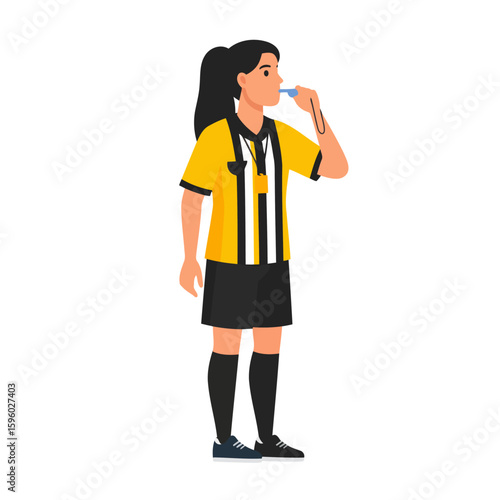 Female soccer referee with a ponytail, wearing a yellow and black striped uniform, blowing a whistle while standing in profile.