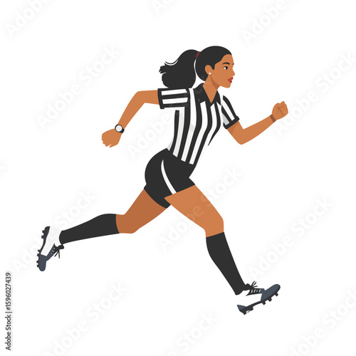 Running Female Soccer Referee in Black and White Striped Uniform