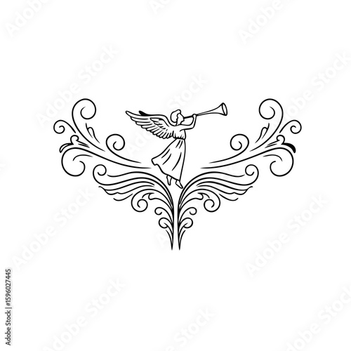 Ornate chapter divider design with angel playing trumpet for elegant decoration concept
