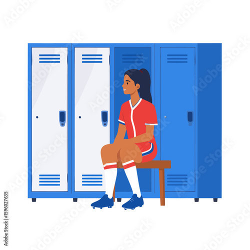 Smiling young female athlete in red and white sports uniform and blue cleats sitting on bench