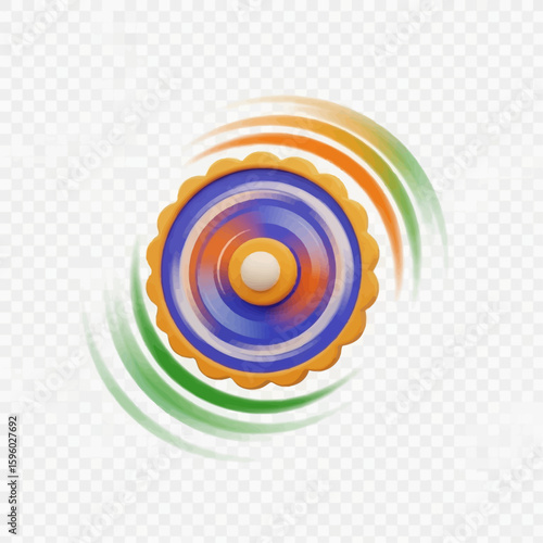 A colorful, spinning top toy with blue, orange, and green motion trails against a transparent background.