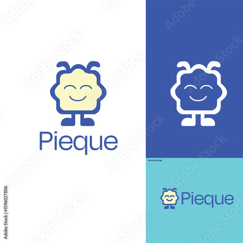 A modern and minimal mascot logo design featuring a cute, smiling character named "Pieque." Perfect for tech startups, apps, UI/UX projects, or friendly brand identities. Includes multiple color varia