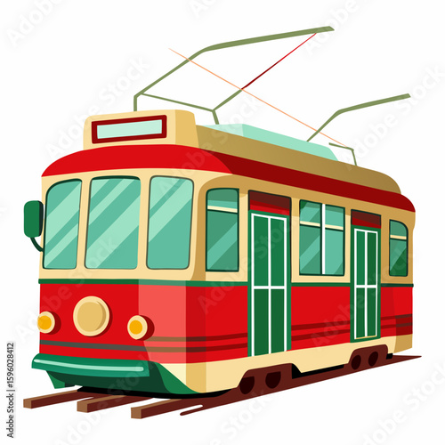 Vintage red tram on tracks with overhead wires and wheels  
