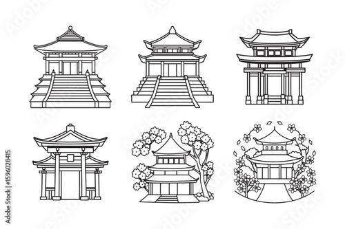 japanese temple line art set kids for colouring page