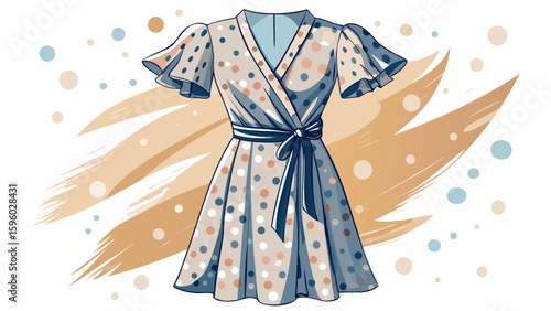 This polka dot wrap dress features delicate flutter sleeves and a cinched waist. Set against a white backdrop, its flowing form brings a graceful, modern vector aesthetic to life.