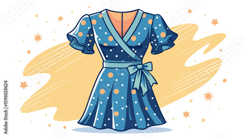 This polka dot wrap dress features delicate flutter sleeves and a cinched waist. Set against a white backdrop, its flowing form brings a graceful, modern vector aesthetic to life.