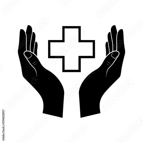 A black and white vector icon with two hands carefully holding a medical cross, symbolizing healthcare, protection, and safety.