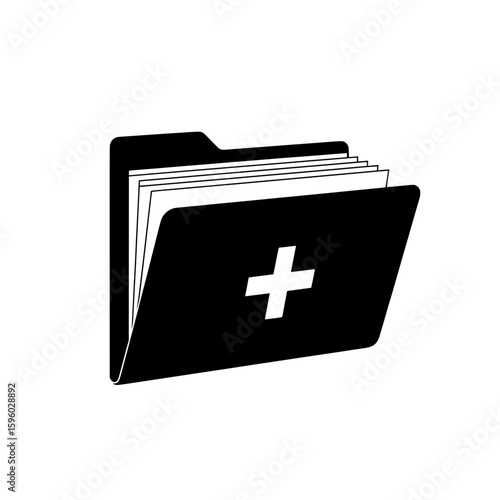 A black vector icon of a file folder with a plus sign, symbolizing adding new documents, medical records, or patient files.