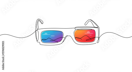 Colorful 3D glasses with scenic reflections in minimal outline style  
