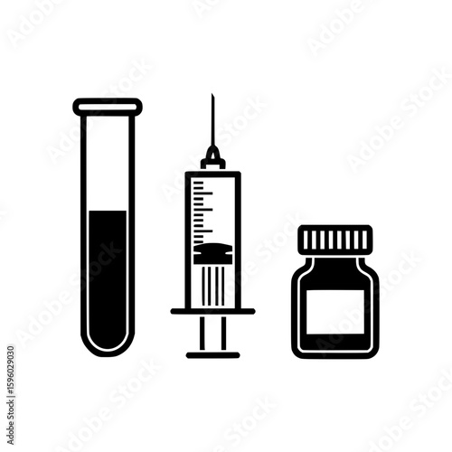 A black vector icon set showing a test tube, syringe, and medicine vial for medical, laboratory, and vaccination concepts.
