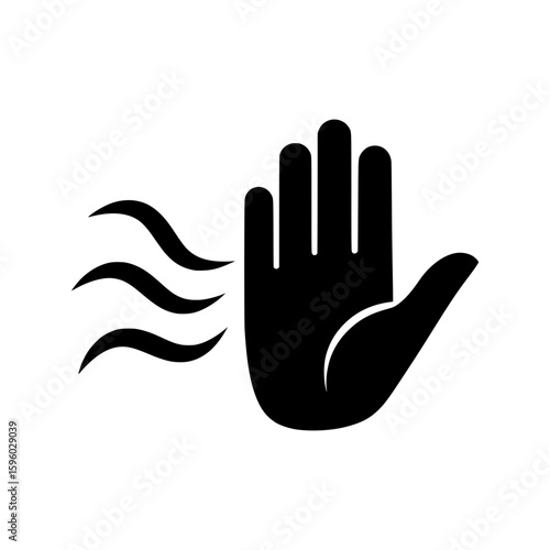 A black vector icon showing a hand with air flow, representing a hand dryer or air drying symbol for public restrooms.