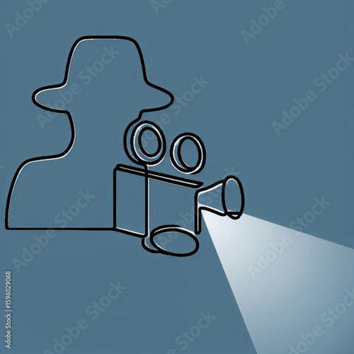 Minimalist outline of a filmmaker with vintage camera and spotlight light  