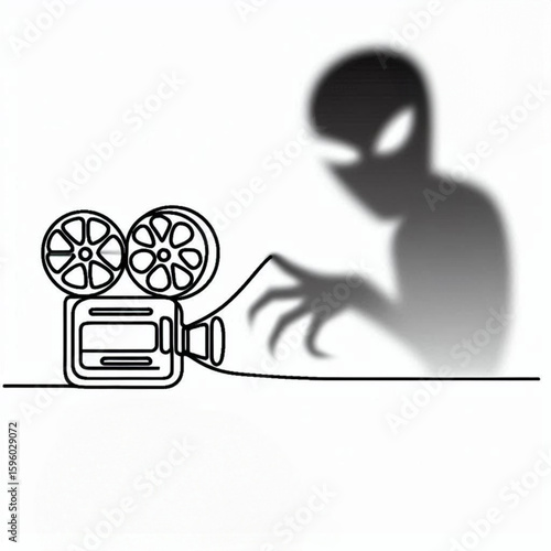 Vintage film projector with shadow of figure in horror style  