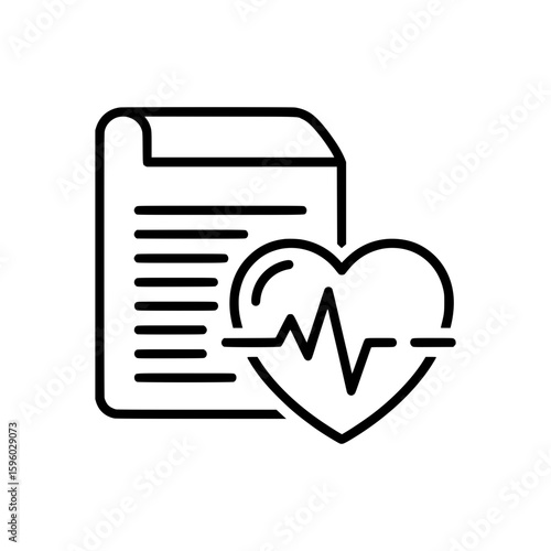 A line art icon of a medical history document alongside a heart symbol with an electrocardiogram pulse line for healthcare.