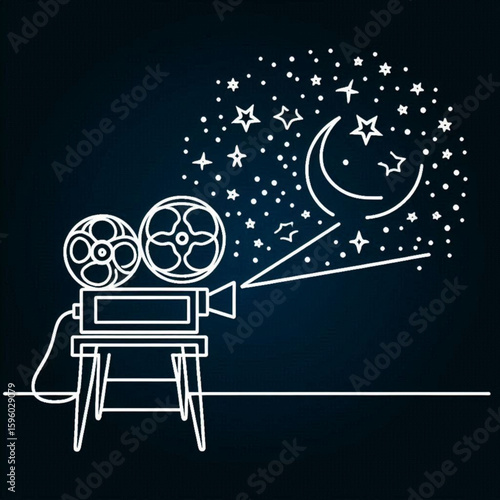 Vintage movie projector illuminating moon and stars in dark background  