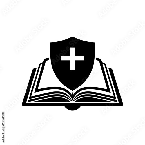 A vector icon of a shield with a cross symbol resting on an open book, symbolizing faith, protection, and scripture.