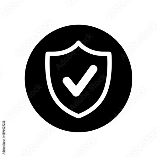 A vector icon of a shield with a checkmark, symbolizing security, protection, and verification on a black circle.