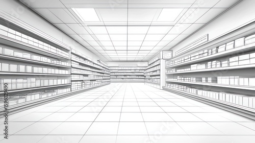 Interior sketch of a grocery store aisle.