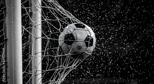A dramatic black and white close up shot of a soccer ball entering the net during a rainy match  showcasing intense athletic competition.