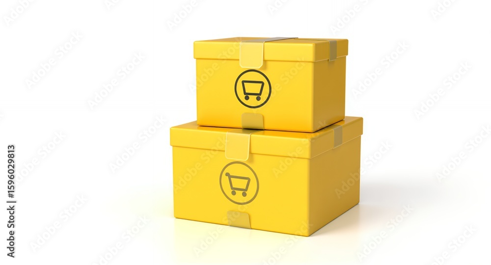 Obraz premium Two yellow boxes with shopping cart icon online shopping delivery concept