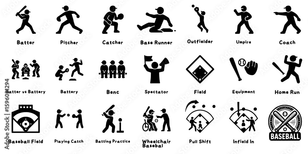 Naklejka premium 野球プレイヤーと関連シーンのアイコン集、Baseball Icon Set with Players and Scenes