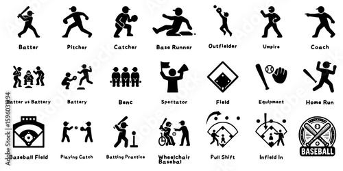 野球プレイヤーと関連シーンのアイコン集、Baseball Icon Set with Players and Scenes