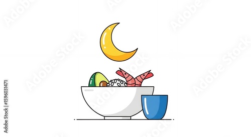 Cartoon illustration of a bowl of food with shrimp avocado and rice and a small cup beside i