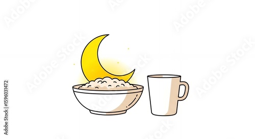 Cartoon illustration of a bowl of food and a mug under a crescent moon