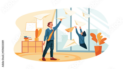 Two men throwing paper airplanes in an office with a cabinet and plant near a large window scene is shown