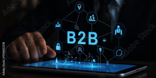 A person using a tablet displaying a b2b network with connected business icons on screen on transparent background
