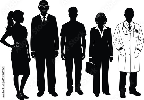 Diverse professional silhouettes vector illustration featuring doctor teacher and business people
