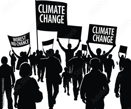 Climate change protest march illustration with crowd of people and signs for environment activism