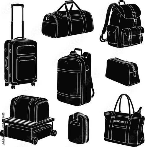Travel bags luggage set vector illustration suitcase backpack duffel bag tote bag baggage trolley case