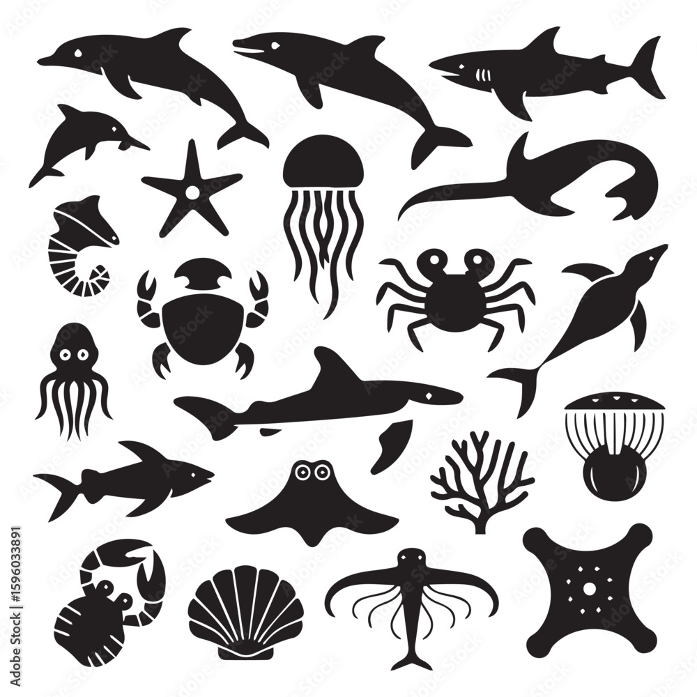 Obraz premium Variety of marine animals including dolphins, sharks and starfish in black and white