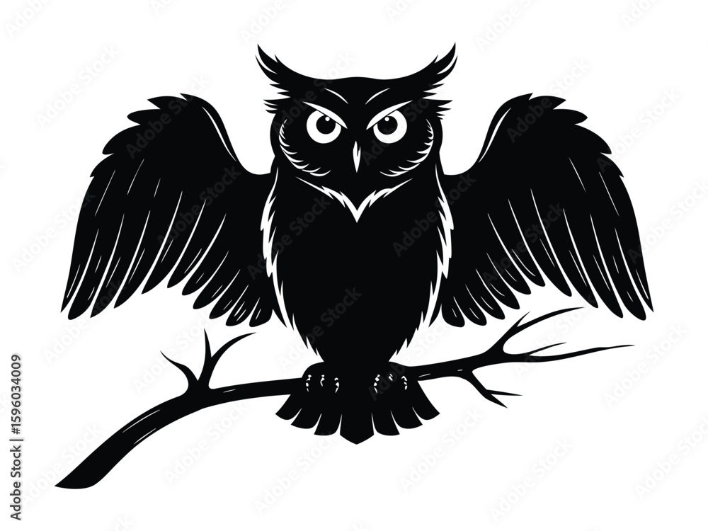 Fototapeta premium Perched Owl Silhouette on Twig Illustration