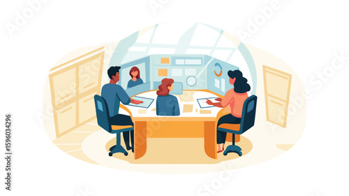 A meeting in a modern conference room with people sitting around a table and video conference call