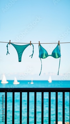 A shiny turquoise bikini hangs on a clothesline to dry on a balcony overlooking a beautiful blue ocean with sailboats