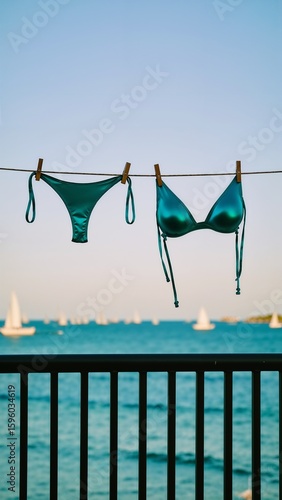 A shiny turquoise bikini hangs on a clothesline to dry on a balcony overlooking a beautiful blue ocean with sailboats