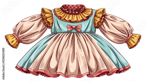 This smocked cotton dress with puff sleeves features delicate stitching and graceful structure. The clean white backdrop enhances its cozy, romantic vibe, ideal for a semi-realistic vector scene.

