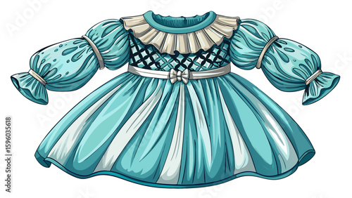 This smocked cotton dress with puff sleeves features delicate stitching and graceful structure. The clean white backdrop enhances its cozy, romantic vibe, ideal for a semi-realistic vector scene.

