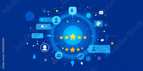 Illustration of stars and icons on a blue background representing customer feedback on transparent background