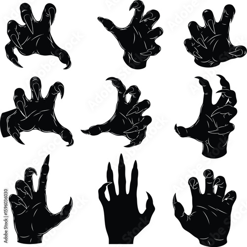 Monster hands vector set halloween creepy claws silhouette scary horror design elements graphic collection