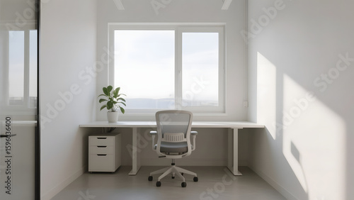 Minimalist Home Office with White Desk, Chair, and Large Window