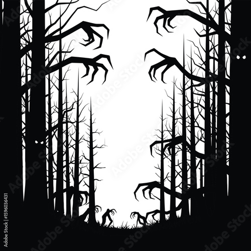 Spooky halloween forest illustration with creepy trees and monster hands for halloween season design
