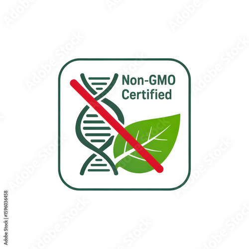 Non-GMO certified label with DNA helix and leaf crossed out to signify no genetically modified organisms