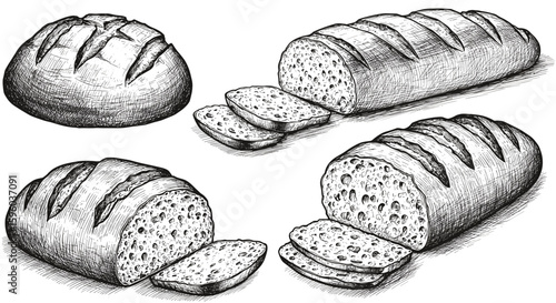 Collection of bread with sliced pieces – hand drawn vintage ink sketch doodle black and white vector illustration, engraving