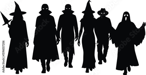 Halloween silhouettes group of people in costumes witches ghosts vampires and mysterious figures vector art