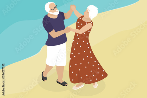 Elderly couple spends time outdoors. Happy senior man and woman dancing by the sea. Summer, seafront, senior life. Flat isometric vector illustration. Eps 10.