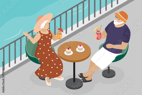 Elderly couple spends time outdoors. Happy senior man and woman drinking cocktails in a cafe. Summer, seafront, senior life. Flat isometric vector illustration. Eps 10.
